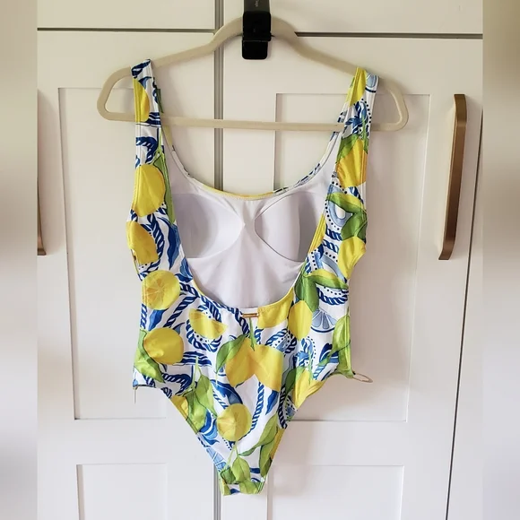 Kenny Flowers Swimsuit Womens L White Positano Lemon Print One Piece Cutout Swim - Picture 3 of 8